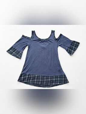 Hailey & Co. Blue Cold Shoulder Plaid Trim Ribbed Top S or M NEW